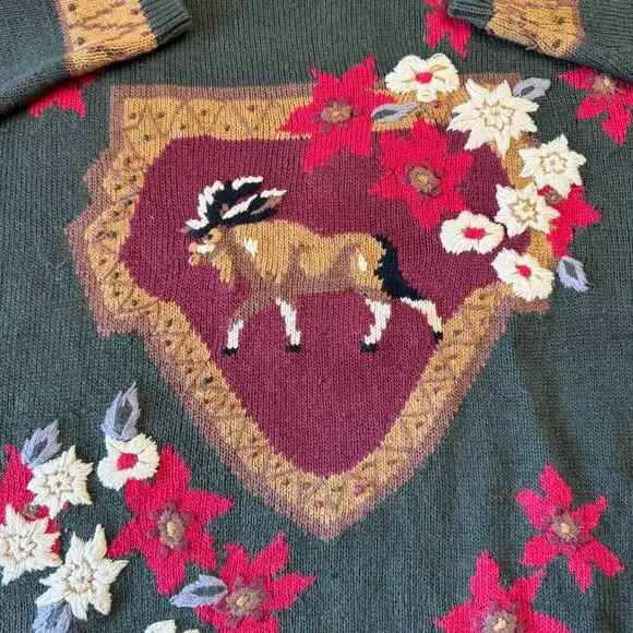VTG Hand Embroidered Christmas Holiday Ramie Knit Sweater Poinsettia Deer Sz XL - Picture 5 of 6